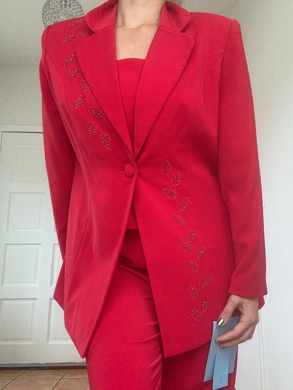 Faith Vintage Red Pant Suit Set Womens Size 14 Beaded Blazer Pants NWT